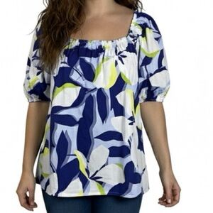 Nine West Blue Floral Print Square Neck‎ Tie Back Puff Sleeve Blouse Top NWOT XL